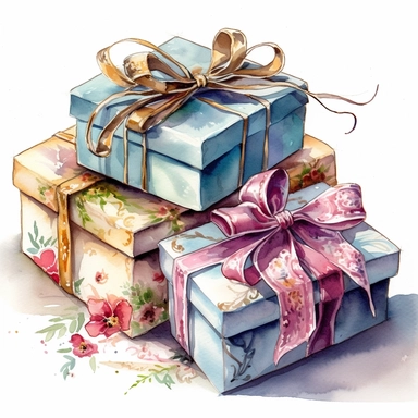 insanely beautiful pile of 3 gift packages , in the style of beatrice potter, 32k uhd, hand-painted details, pastoral illustrations, amazing colour combinations , aquarellist, hd , white background clipart ,-- no watermark--ar 27:37