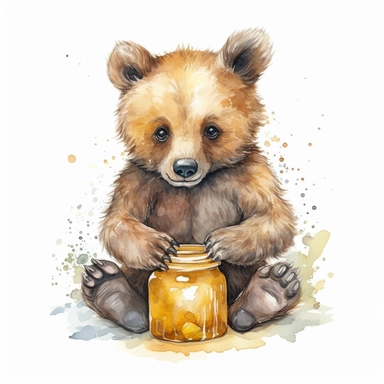 cute baby bear eating honey from jar with his paws, clipart, watercolor, detailed, realistic, white background