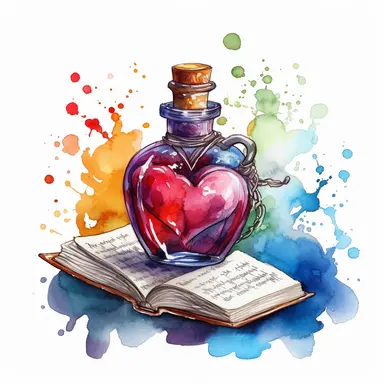 Fantasy book with Love Potion: Exploring the complex consequences of a potion that can manipulate emotions and desires, watercolor, clipart, white background