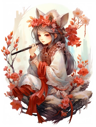 Chibi style, chibi style, Chinese traditional illustration, hill, Fox - faced girl in white, Playing the flute, Peony flowers beside, High quality, Super high image quality, Rich in detail, , a beautiful painting by Alphonse Mucha, clipart png, realistic, digital painting,fantasy style, realistic, painting, watercolor, 8k, ultra details,