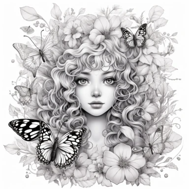 simple black and white clip art, Silhouette crisp line coloring page for adults, extremely happy Kawaii Fantasy Fairy Princess on white Lavender Fairy Costume surrounded by winter flowers and butterflies,symmetrical head, center of frame, perfect detailed face portrait-fantasy on white background. It was a tribute to artgerm and Aleksi Briclot‘ and Charlie Bowater‘s iconic style, digital art illustration, vector crisp line, sticker style, with hazel eyes-with braided hairstyle and dainty butterf