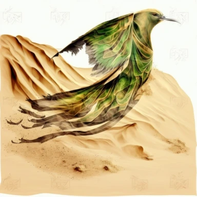 clipart. a green transparent fabric transforms into a beautiful bird flying over the dark-sand desert. gothic ancient fantasy style. beige-golden-green watercolours. cinematic shot in the style of Dune movie. white background.