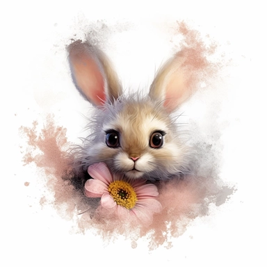 Cuddly Bunny Clipart nestled inside a blooming flower with a friendly ladybug on its nose in the style of oil painting, on a white background