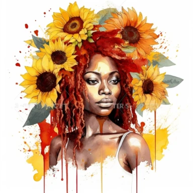 clipart of beautiful watercolor sunflowers surrounding nubian queen with red locs, details, white background