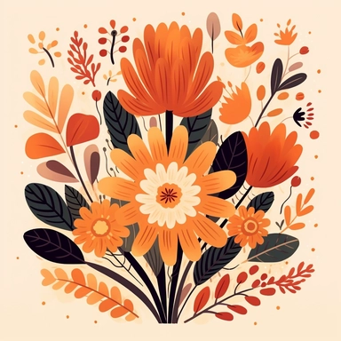 An illustration of fall flower clipart, reminiscent of the vibrant works of Mary Blair. A bouquet of colorful flowers in rich autumn hues, showcasing delicate petals and intricate details. Warm color temperature enhances the cozy, nostalgic vibe. The flowers exude joy, their faces radiant with contentment. Soft, diffused lighting creates a gentle atmosphere, inviting viewers to immerse themselves in the beauty of nature.