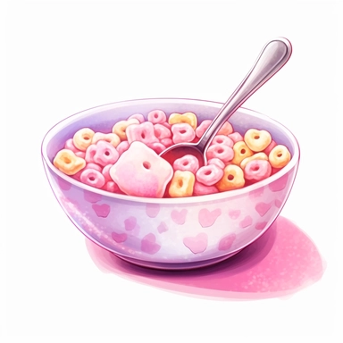 kawaii pink bowl of cereals with a spoon inside de bowl, pink palette, super cute, so adorable that is breaks your heart, full body, watercolor clipart, isolated on white background, cute-core