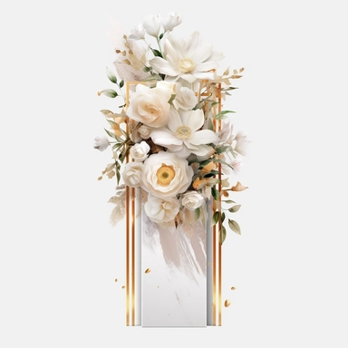 watercolour beautiful realistic white real floral wedding flower spray on gold rectangle tall frame stand realistic elegant wedding floral display stand with white glitter wedding flowers ,clip art graphics , PNG image,transparent background ,ultra highly detailed, 18k, sharp focus, bright photo with vibrant colours, digitally enhanced,photographic, enhanced graphics, png format, straight, sharp focus, bright lighting, intricate detailed png image ,high definition,300dpi,graphic clipart,computer