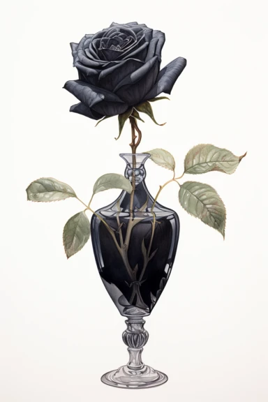 A highly detailed watercolor and pencil drawing of a clipart of black Rose in a vase gracefully showcased on a isolated white background,, The flower is meticulously rendered, capturing the intricate details of its petals, stamen, and sepals. The combination of watercolor and pencil techniques adds depth and dimension to the drawing, with the watercolor providing soft washes of color and the pencil adding fine lines and delicate shading. The drawing highlights the flower's elegant structure,emph