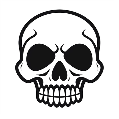black and white silhouette of a friendly cartoon skull, clipart style, white background, thick lines, vector, simple design, flat colour, solid colour