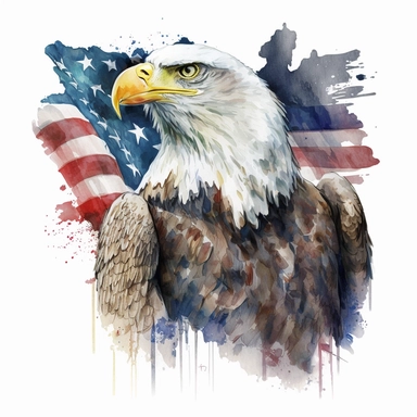 watercolor bald eagle with american flag clipart, white background