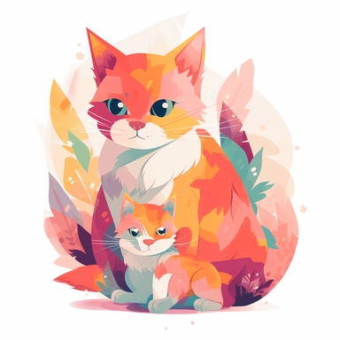 adult female cat cuddling baby cat, clipart, bright colors, isolated white background