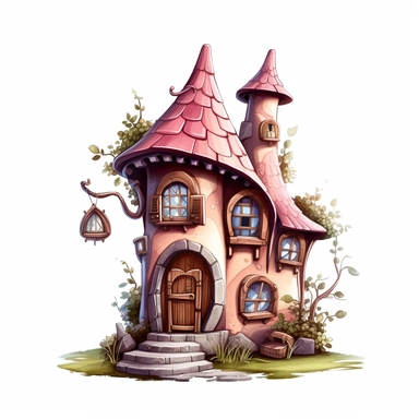 clipart, shades of pink and brown fairy house isolated on a white background, vector, pastel colors, realistic, 3D, no shadows