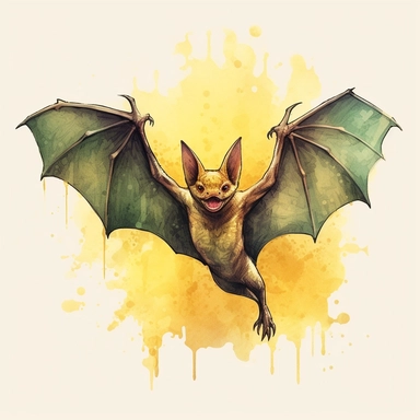 watercolor art of halloween bat, in the style of realistic and hyper-detailed renderings, sketchfab, ahmed morsi, realistic watercolor paintings, use of common materials, handcrafted designs clipart yellow and green with background removed