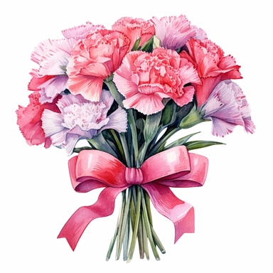 beautiful, bright colors, [Carnation floral bouquet] with a pink tied bow ribbon, watercolor, cinematic, dramatic, realistic, very detailed, white background, clipart, medium image size , 1:1