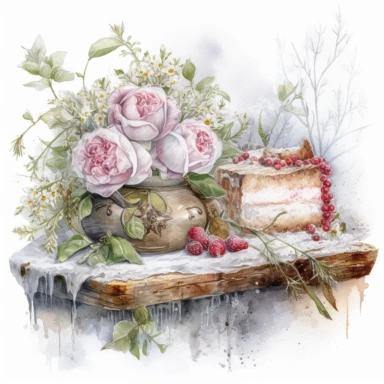 isolated on white illustration watercolor art of a part of a white kitchen buffet with bread and cake, overgrown with white and light pink roses and flowers, covered with snow and ice, a lot of moss and branches, lace and embroidery, masterpiece by Tomasz Alen Kopera style and by Carl Holsoe style and by James C. Christensen style and by Alexander Jansson style, Baroque Architecture, PNG clipart, isolated on white, white background, extreme photorealistic details, 32k HD resolution, realistic hi