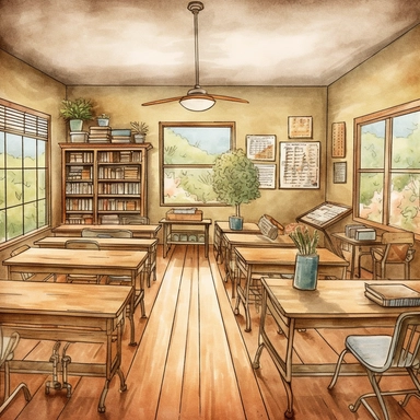 Create a beautiful watercolor clipart image of a classroom. The focus should be on the teacher and students, who are all engaged in a lively discussion about a literary work. The details should be crisp and clear, with gentle and pastel colors to give the image a serene and peaceful feel. The background should be white. The clipart should convey the warmth and camaraderie that exists in a classroom environment
