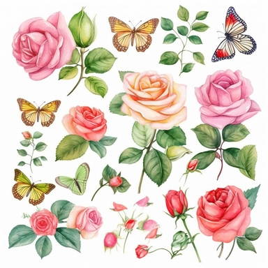 Draw a set of whimsical-style, watercolor-style clip art images that feature various types of roses in different colors and stages of blooming and garden-related objects, Watercolor rose Garden Clipart, the setting must be floral wonderland with feminine spring-colored clipart, Perfect for mothers Day. roses in wall hanging, garden furniture, birds, butterflies and bees around roses, roses in flower pots, roses in flower boxes, roses growing in watering cans, garden benches, water fountain surro