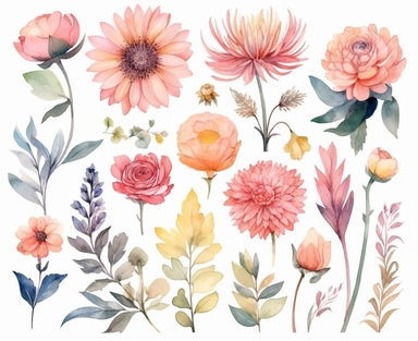 watercolour illustration for kids clip art in Disney cartoon style cute blush pink floral clipart separated on white background