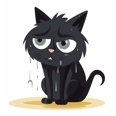 shaggy cartoon style wet black cat with a wide eyed, desperate look, begging to be let insisedsilhouette vector flat simple identification symbol white backround white background minimalistic clipart png svg