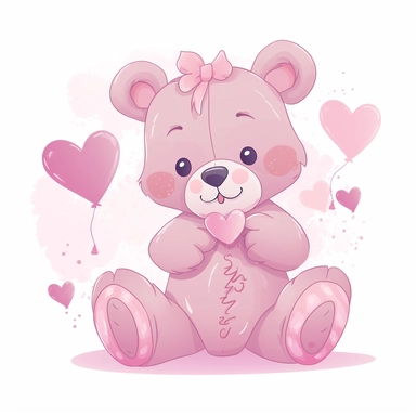 pink teddy bear with hearts clipart, vector cartoon childish illustration, flat illustration, pastel colors, white background, very low detail, ar 2:3