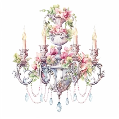 Make a clipart of a shabby chic, fairytale watercolor victorian chandelier, rococo, hd, white background