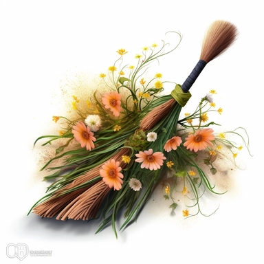 realistic clipart of a witch's broom decorated in spring flowers, digital painting, white background, 32K