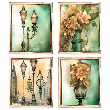 a page of watercolor flowers and street light card collections, set of 4 cliparts, in the style of steampunk-inspired designs, light emerald and beige, great contrast, altered and substituted canvases, art arrangement, photographic source, matte, insanely detailed and sharp, some splash with alcohol ink, nouveau réalisme