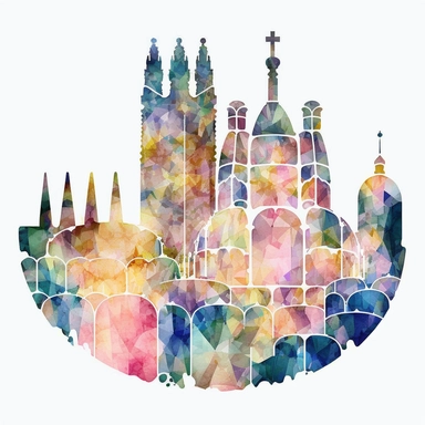 CLIPART OF BARCELONA SKYLINE, WATERCOLOR, FILLED WITH GAUDI MOSAIC. PASTEL COLORS , NO CAPTION