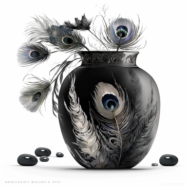 CLIPART WATERCOLOR BLACK VASE WITH WHITE MOISAIC ON IT, FILLED WITH WHITE AND BLACK PEACOCK FEATHERS