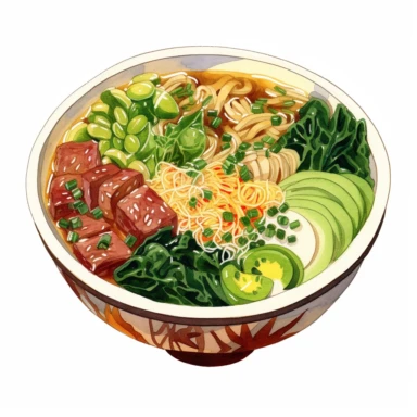 ramen in bowl clipart with toppings like sliced beef, green onions, nori, and a flavorful broth, white background vibrant watercolour, hight detail, 32K, HD