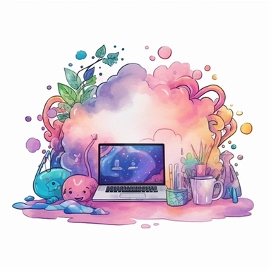 studio logo of programming colorful code getting out of a computer's screen clipart , boho style, in style of Watercolor and ink outline