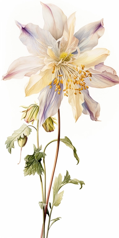 Watercolor Painting of SINGLE STEAM Columbine bouquet FLOWER on white background beautiful multi - headed pale, Flora Design Patterns, Flemish Baroque by Rachel Ruysch, Behance, Rococo, Intricate Detailed, Soft Light Effect, Oil Paint Strokes, Light Academia Aesthetic Flowers, Lighting cinematic, all shown shimmering stamens, tyndall light, light effect, texture, colorful, 8k, fantasy, ray tracing, depth of field, vivid, spectacular lighting, octane rendering, highly detailed, ultra - realistic,