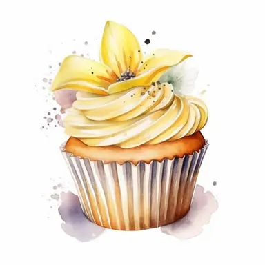 Design a clipart image of an banana cupcake in a watercolor style, with banana slices decoration and a topping. You can also add some colorful candy or chocolate chips to make it more attractive. You can add white flowers and green leaves to the design.