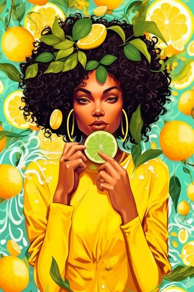clipart, cartoon illustration, christa mckenzie pose and head pose photos a new lemonade business website, in the style of vibrant lemon and floral backdrops, synthetism-inspired, pop cultural, 32k uhd, smilecore, embroidery art, bold curves