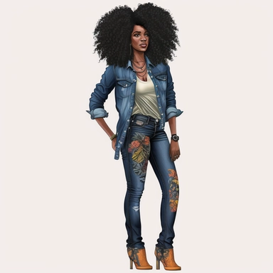 Full body isolated black woman wearing colorful shirt and blue jean pants large curly black natural hair clipart, Fashion Illustration,