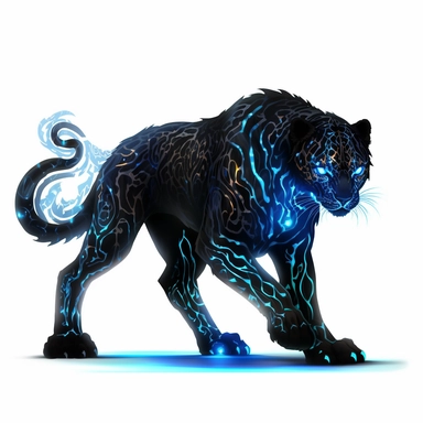 a glowing tribal leopard with blue lights on his eyes, tribal animals, in the style of manhwa character design, master of shadows, burned/charred, himalayan art, dark black and light azure, clipart, on white blackground