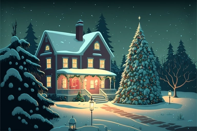 Stunning Vector clip art Christmas scene. frosty winter evening, snow is falling gently outside. The Christmas scene is one of festive cheer, as a cozy house is adorned with twinkling Christmas lights and colorful decorations. A tall Christmas tree with ornaments, gifts, decorations stands proudly in the front yard, its branches glistening with snow. The house itself is a picture of holiday cheer. Its windows are adorned with wreaths and garlands, and a wisp of smoke curls from the chimney. The 