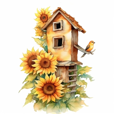 sunflowers climbing up a whimsical birdhouse, watercolor, clipart, white background