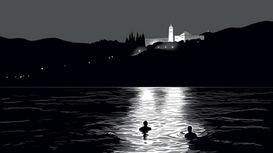 clip art illsutration of 2 men swimming in san francisco bay water at night time, Alcatraz island in the background, use only black, white , red , grey, night time, detailed, realistic,