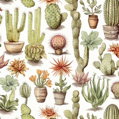 Vintage seamless pattern of cactus and succulents pencil sketch, ephemera paper design with ornate illustrations, vintage, distressed textures, muted colors, craft paper texture, handwriting lines in background, pen and ink on paper with watercolor washes Watercolor, vector, white background, rice paper texture, clipart, Seamless patterns, repeating patterns design, flat illustration, outlined , Vector, 4K, Art station, digital print, highly detailed clean, detailed illustration, 3D vector art, 
