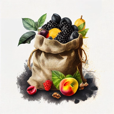 fruits in a black burlap sack, watercolor clipart, transparent background