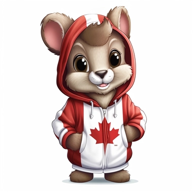 cute, happy cartoon squirell, wearing a hoodie covering ears, hoodie has a flag of Canada, with hands in the pockets, clipart, white background
