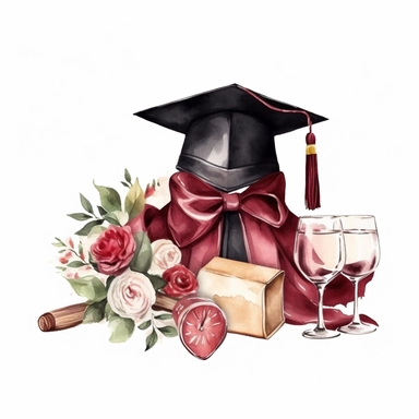 maroon graduation cap, maroon graduation gown, camera, roses, diploma, Champagne, champagne glasses, balloons, diploma and grad cap, in watercolor style, clipart, hand drawn painting style