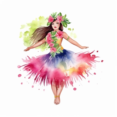 Watercolor A traditional hula dancer in a grass skirt and flower lei clipart, Minimalist, isolated white background, 8k