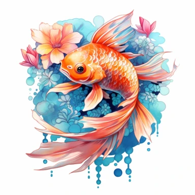 Fantasy floral Koi Fish Clipart, Watercolor Cartoon, hyper realistic, intricate detail, illustration style, high resolution, on the white background