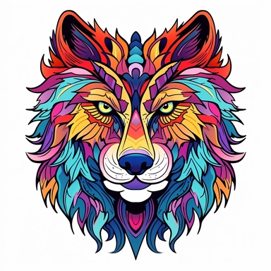 clipart of psychedelic wolf, cartoon style, vector, on a white background