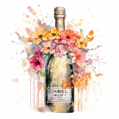 oversized, broken, champagne bottle, shabby sheek, chanel logo drawn over top, bright floral blooms, overlay watercolor illustration, clipart trunk, highly detailed