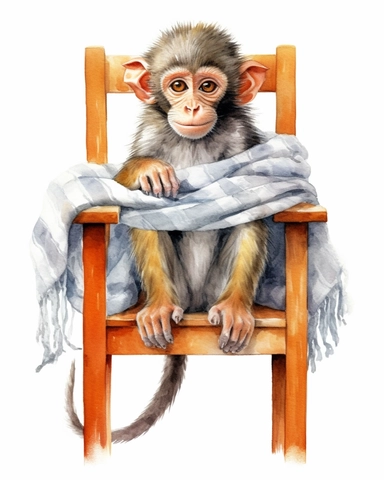 detailed watercolor Baby Monkey on a chair with scarf , hyper realistic, isolated on a white background, clipart