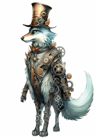 Steampunk Gray wolf clipart, realistic, Watercolor Retro Futuristic Victorian Era, art picture, full body, watercolor, multicolor, white background, lots of details, high quality - 8K,