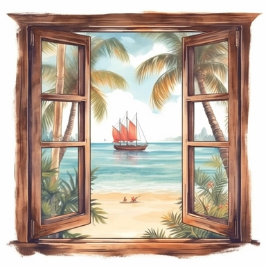 view from the window of a room on the tropical beach. the window is overlooking a tropical scene and palm trees. ultra-realistic and hyper-detailed watercolor clipart on a white background in the style of disney animation